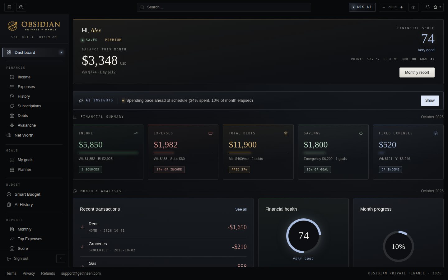 Obsidian dashboard: monthly balance, financial score, income, expenses, debts and savings